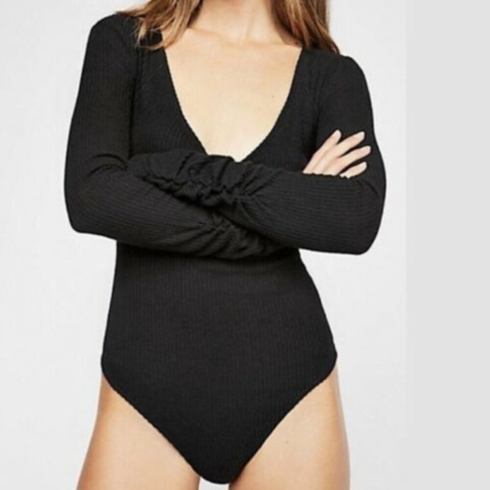 NWT Intimately Free‎ People Cozy Up With Me Ruched Bodysuit Black Size Medium